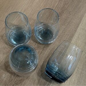 4 Mikasa Cobalt Swirl Blue Stemless Wine Glasses Hand Blown 4.75” EUC Rare HTF